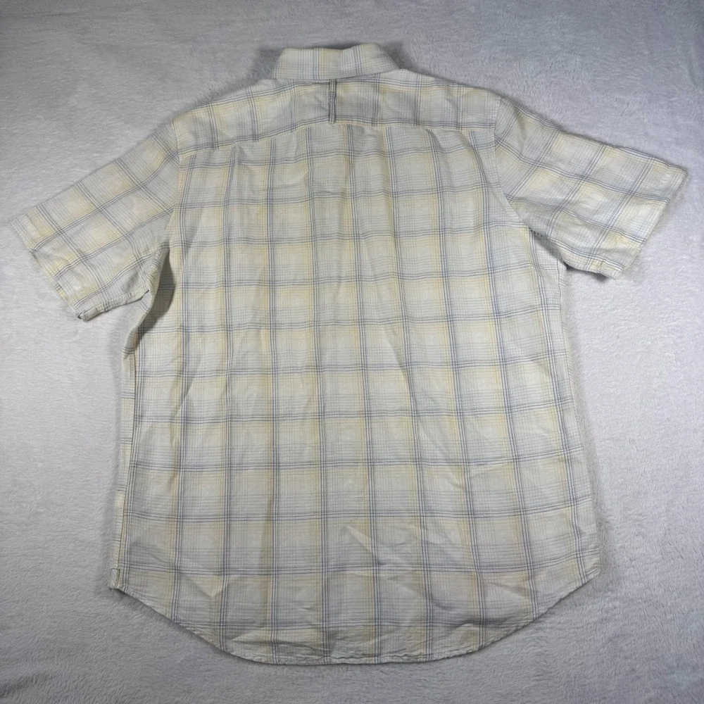 Banana Republic Button Down‎ Shirt Mens L White Yellow Plaid Linen Cotton Blend